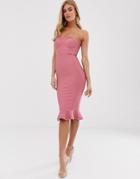 Prettylittlething Bandeau Bodycon Dress With Frill Hem In Pink - Pink
