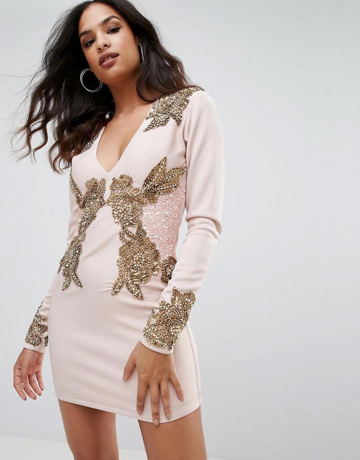 A Star Is Born Long Sleeve Heavily Embellished Dress With V Front - Pink