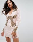 A Star Is Born Long Sleeve Heavily Embellished Dress With V Front - Pink
