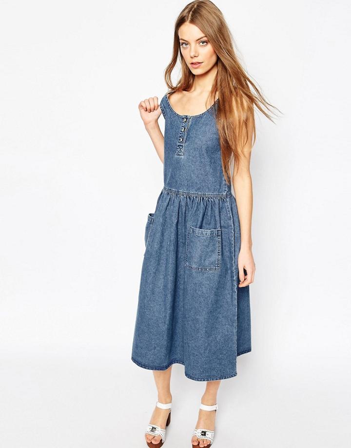 Asos Denim Midi Drop Waist Pinafore With Patch Pockets - Midwash Blue