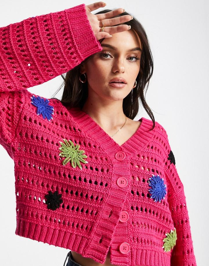 Asos Design V Neck Cardi With Floral Crochet Detail In Pink