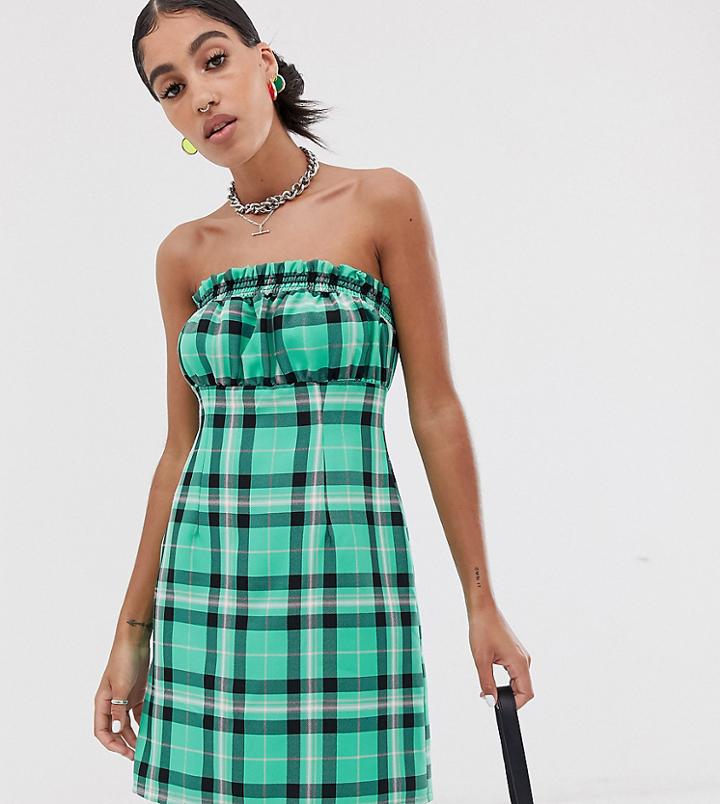 Reclaimed Vintage Inspired Bandeau Dress With Shirred Ruffle In Check Print - Green