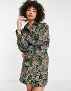 Asos Design Button Up Mini Shirt Dress In Tapestry Floral Jacquard-multi