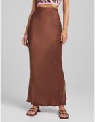 Bershka Satin Maxi Skirt In Chocolate-brown