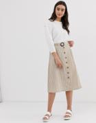 Qed London Button Down Midi Skirt With Belt In Natural Stripe - Multi