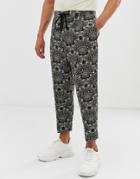 Asos Design Drop Crotch Tapered Smart Pants In Green Floral Jacquard With Drawcord Waist - Green