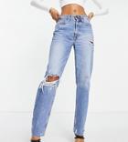 River Island Tall Distressed Straight Leg Jean In Medium Denim-blue