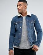 Asos Skinny Denim Jacket With Fleece Collar In Mid Wash - Blue