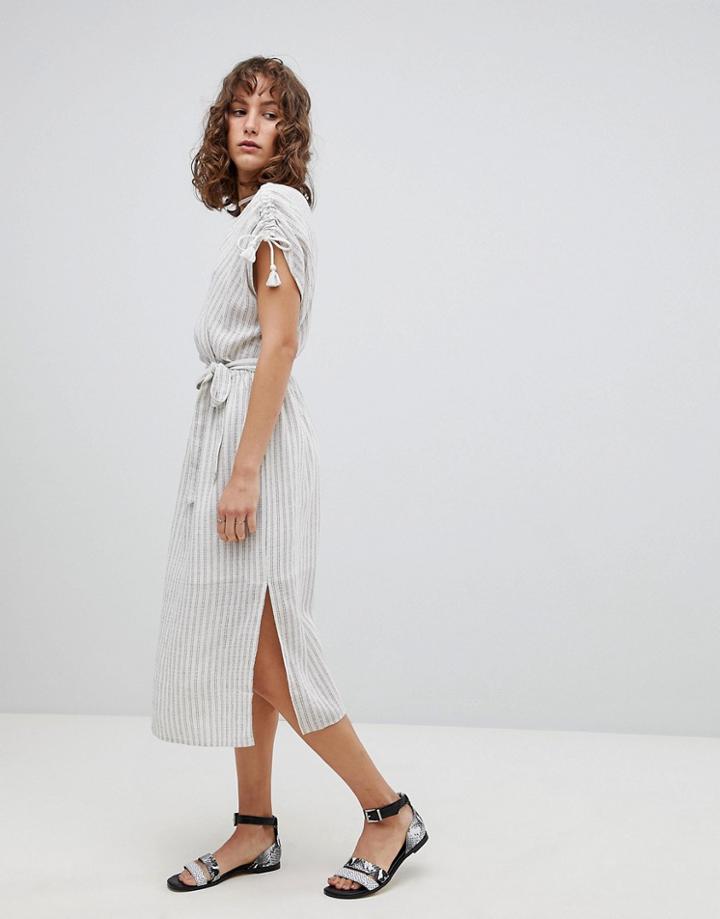 Suncoo Striped Midi Dress With Tassles - White