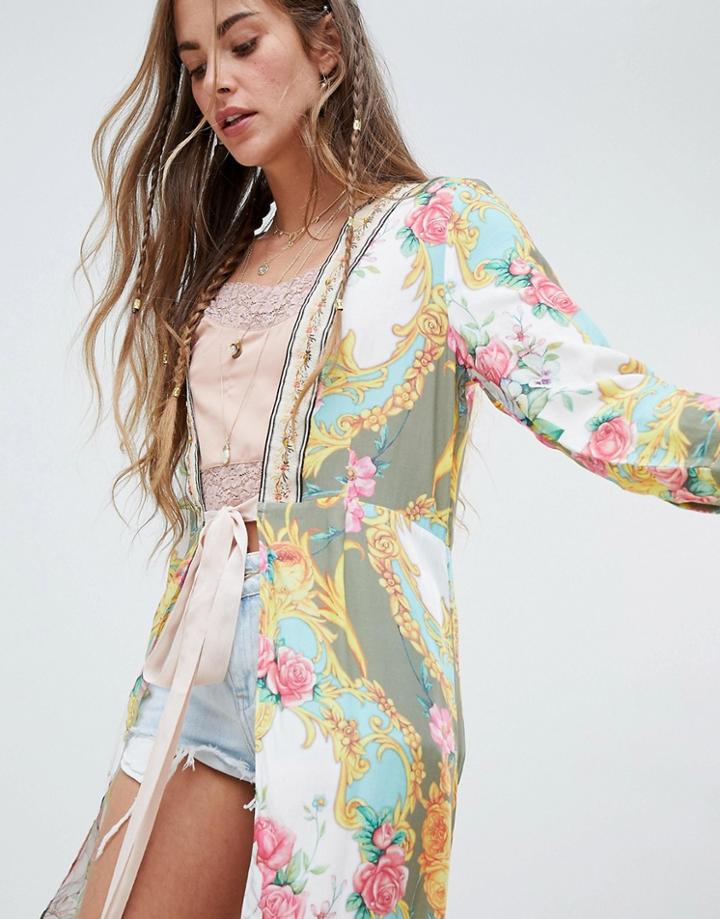 Aratta Maxi Kimono In Scarf Print With Ribbon Tie Waist - Multi