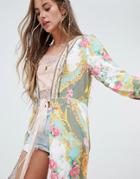 Aratta Maxi Kimono In Scarf Print With Ribbon Tie Waist - Multi