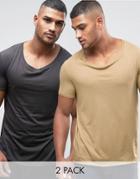Asos 2 Pack Longline T-shirt With Stretch Neck In Beige/black - Multi