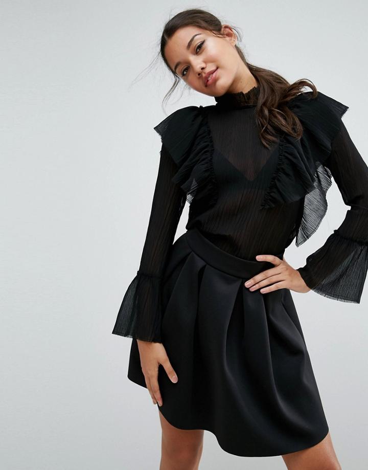 Asos Premium Pleated Ruffle Blouse With Raw Edges - Black