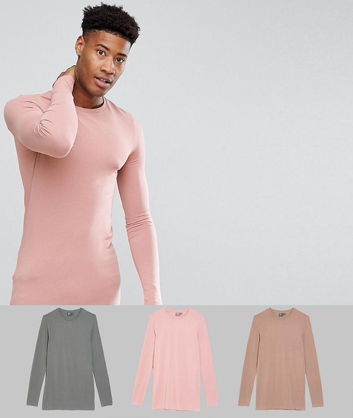 Asos Design Tall Longline Long Sleeve T-shirt With Crew Neck 3 Pack Multipack Saving - Multi