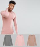 Asos Design Tall Longline Long Sleeve T-shirt With Crew Neck 3 Pack Multipack Saving - Multi