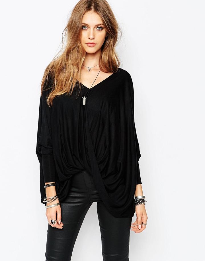 Noisy May Drape Back Top With 3/4 Sleeve - Black