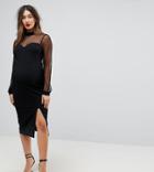 Asos Maternity Long Sleeve Dobby Mesh Sweetheart Neck Midi Dress - Black