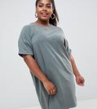 Asos Design Curve T-shirt Dress With Rolled Sleeves And Wash - Green