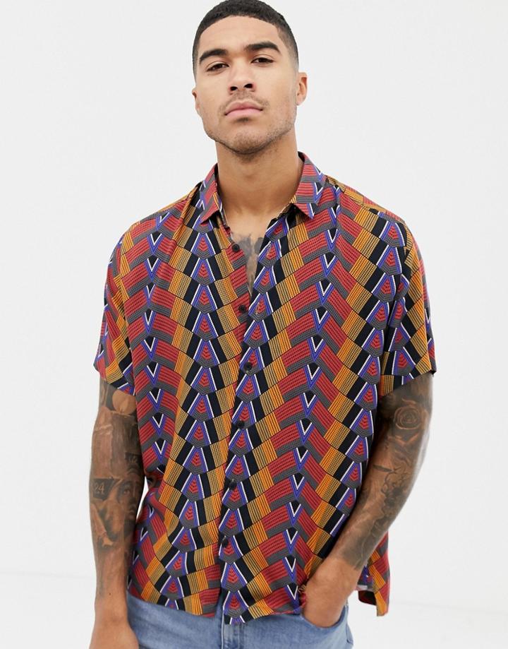 Asos Design Relaxed Shirt In Vintage Geo-tribal Print - Multi