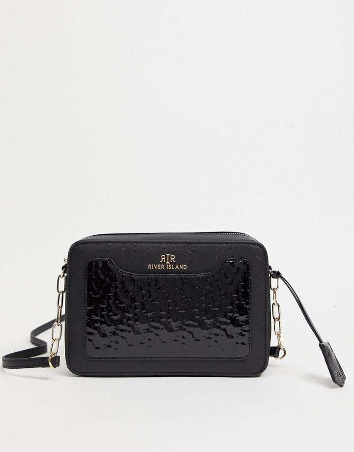 River Island Embossed Patent Monogram Boxy Crossbody Bag In Black