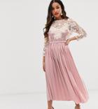 Little Mistress Petite Floral Lace Applique 3/4 Sleeve Midi Skater Dress With Pleated Skirt-pink