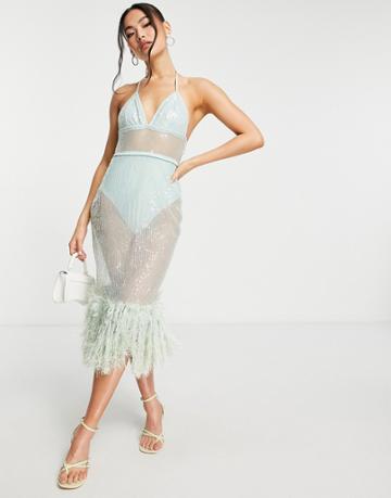 Starlet Cross Front Faux Feather Embellished Midi Dress In Mint-green