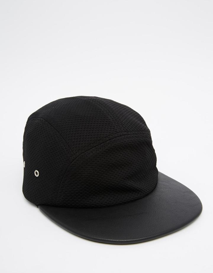 Asos 5 Panel Cap In Black Mesh And Bungee Cord Adjuster - Black