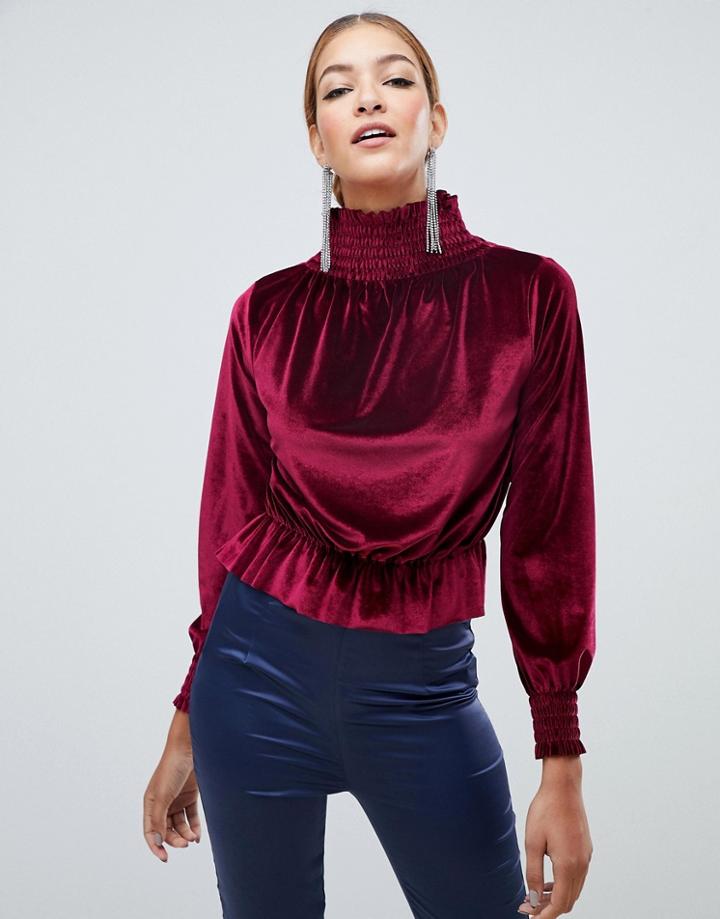 Boohoo Velvet High Neck Top In Red - Red