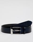 Asos Design Smart Slim Leather Belt With Floral Emboss In Navy - Navy