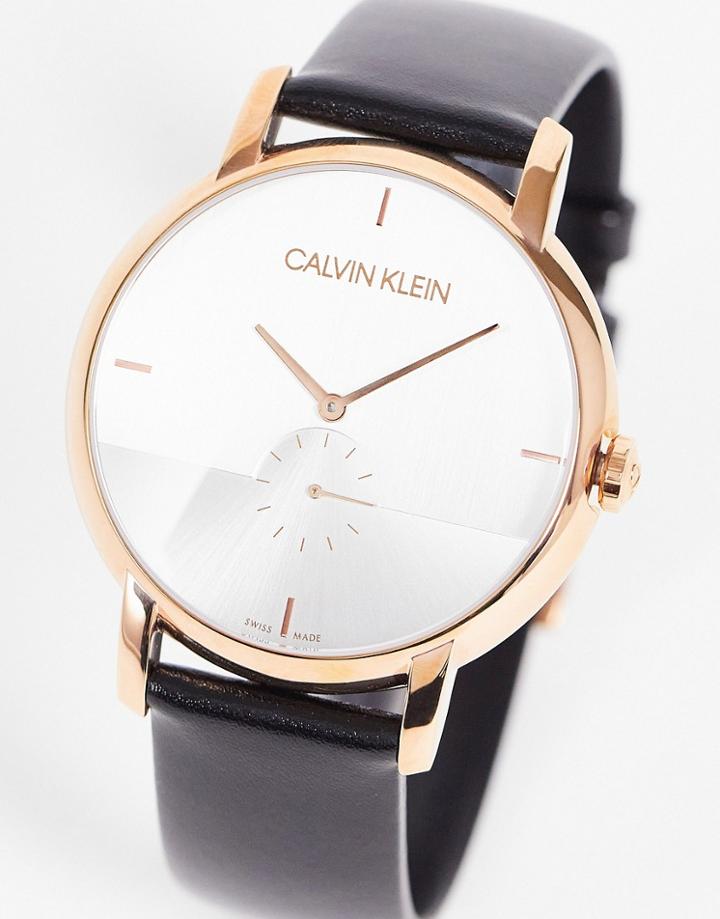 Calvin Klein Leather Strap Watch In Black