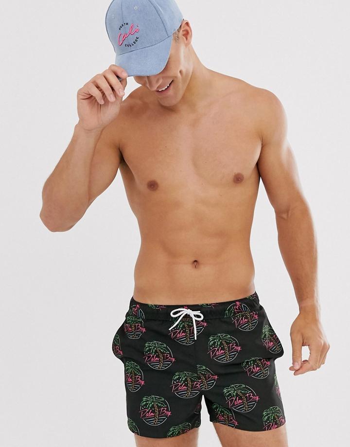 Asos Design Swim Shorts With Retro Palm Bay Neon Sign Print In Short Length - Black
