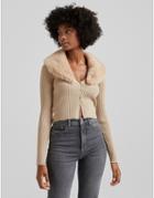 Bershka Fur Trim Ribbed Cardigan In Camel-neutral