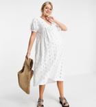 Asos Design Maternity Eyelet V Neck Midi Dress With Empire Seam Detail In White