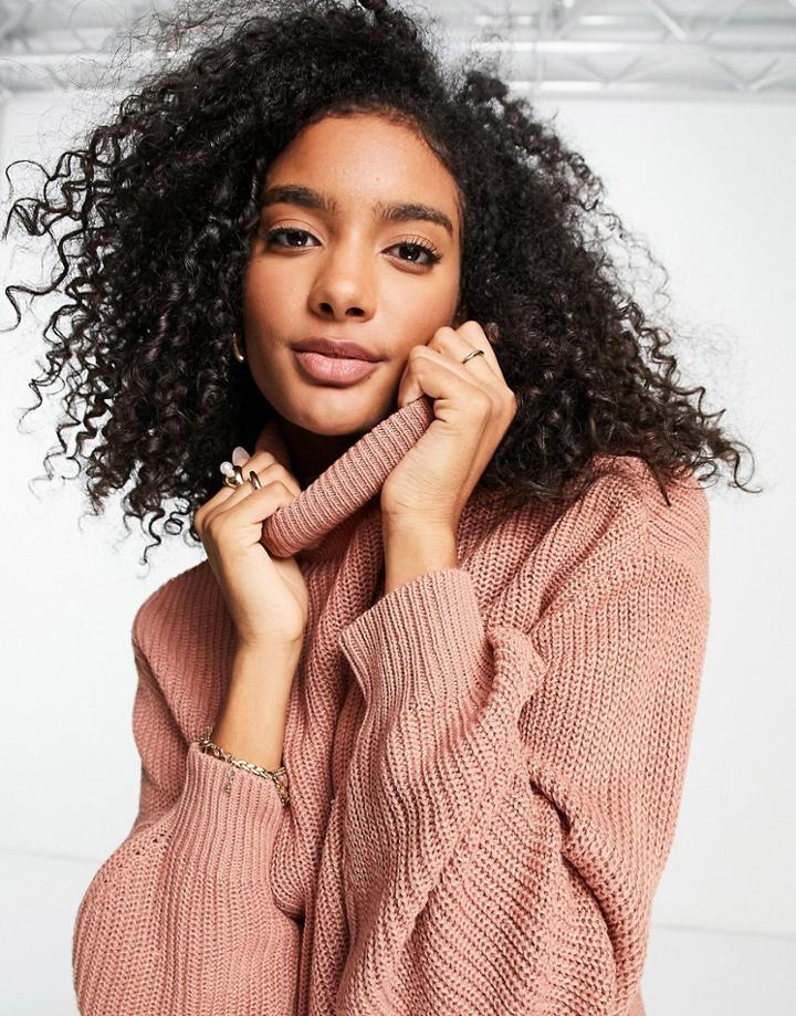 Vila Knitted Roll Neck Sweater With Volume Sleeves In Rose Pink