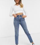 Stradivarius Organic Cotton Petite Slim Mom Jean With Stretch In Medium Blue-blues