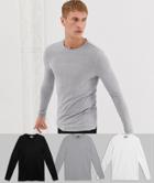 Asos Design Muscle Long Sleeve T-shirt 3 Pack Multipack Saving - Multi