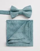 Asos Design Textured Bow Tie & Pocket Square In Mint - Green