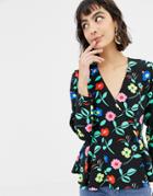 Asos Design Long Sleeve Tux Top With Button Detail In Floral Print-multi