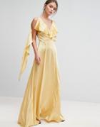 True Violet Ruffle Neck Satin Maxi Dress - Yellow