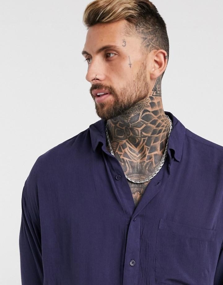 Asos Design 90s Oversized Crinkle Viscose Shirt In Navy