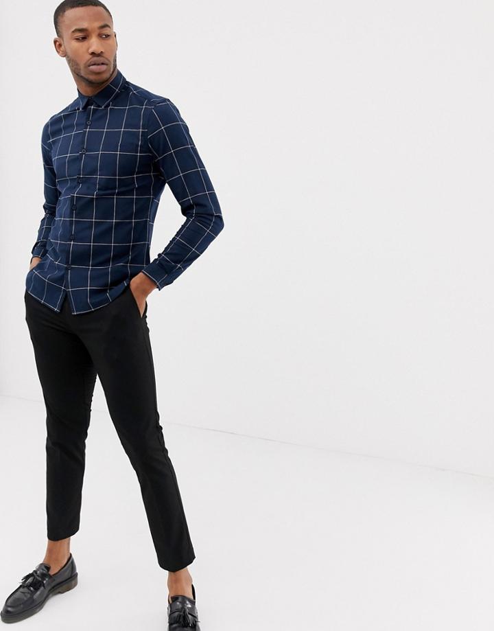 Asos Design Stretch Slim Windowpane Check Work Shirt - Navy