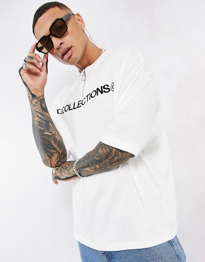 Asos Dark Future Oversized T-shirt With Quarter Zip And Logo Print In Ribbed Texture Neutral