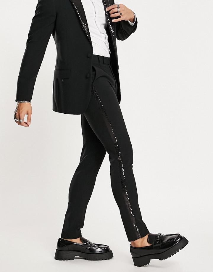 Asos Design Super Skinny Tuxedo Pants In Black With Black Sequin Lapel