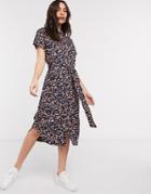 Monki Lexi Printed Tie Waist Midi Shirt Dress In Black And Coral-multi