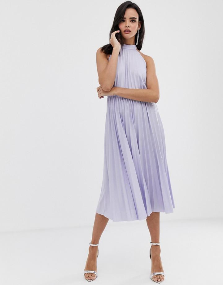 Asos Design High Neck Pleated Midi Dress-purple