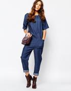 Neon Rose Denim Relaxed Jumpsuit - Indigo