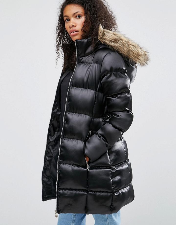 Brave Soul Longline Quilted Jacket With Faux Fur Trim - Black