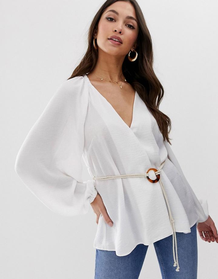 Asos Design Long Sleeve Wrap Top With Rope Belt Detail In Linen - White