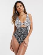 Asos Design Fuller Bust Twist Front Cut Out Swimsuit In Mixed Mono Spot Print-multi