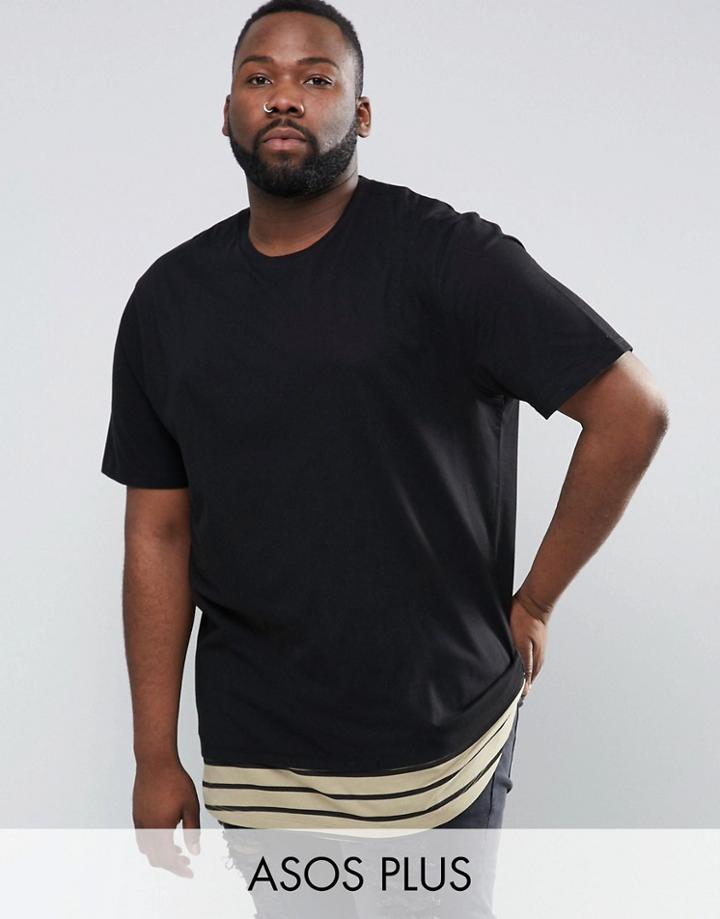 Asos Plus Super Longline T-shirt With Scoop Neck And Stripe Hem Extend